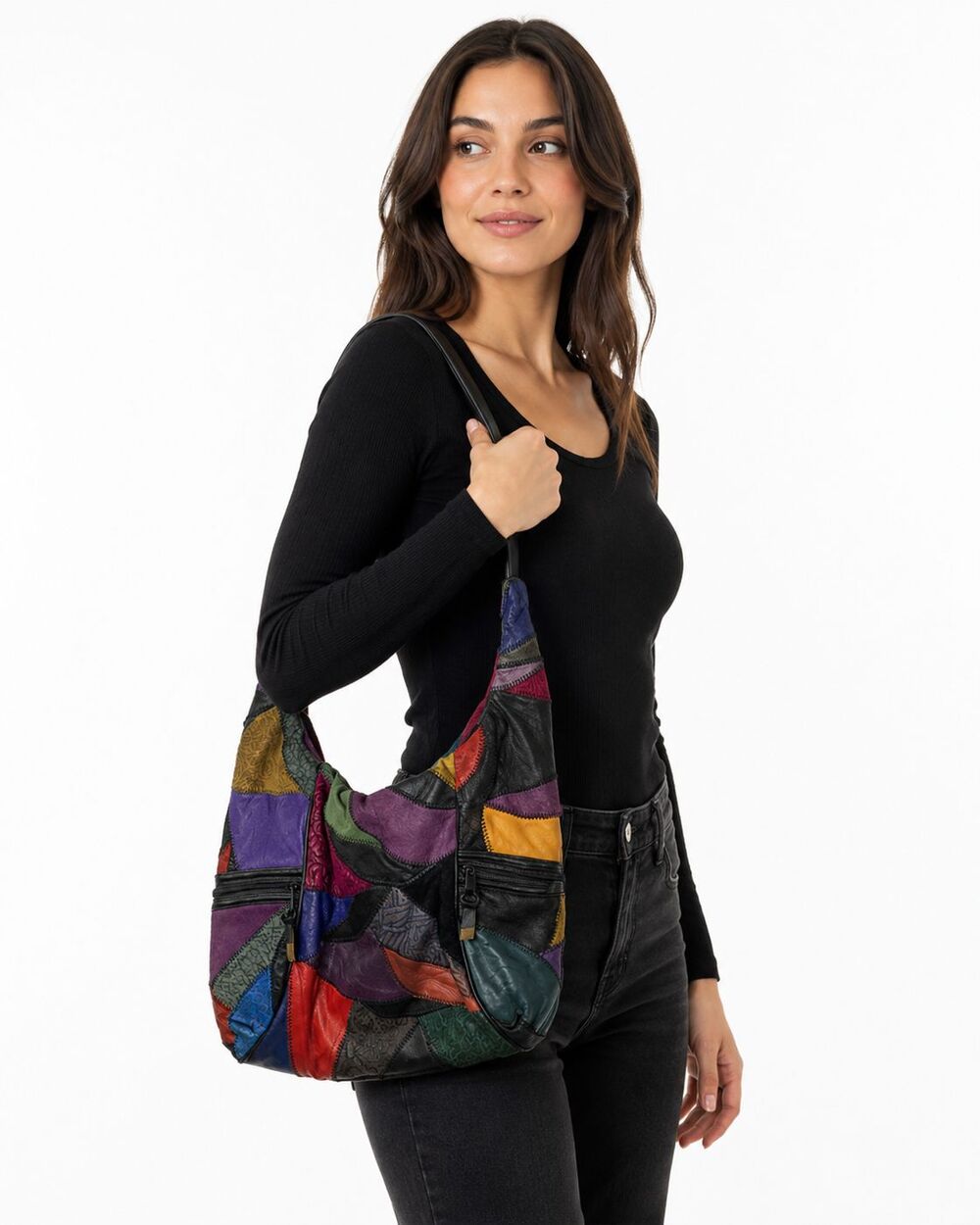 Vintage Multicolor Patchwork Leather Hobo Shoulder Bag Boho Y2K Embossed Hippie